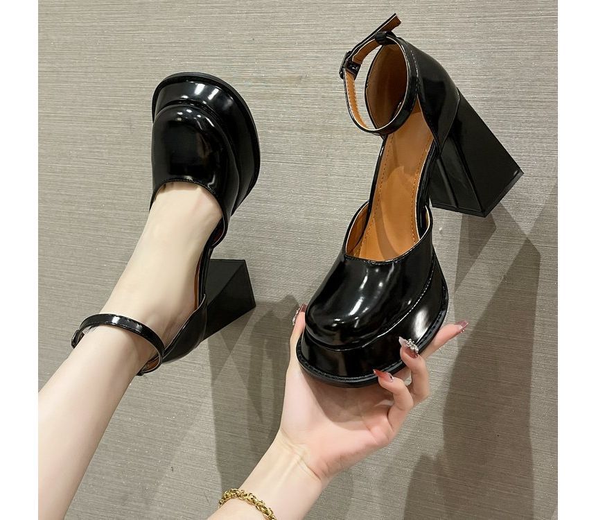 Ankle Square-Toe Strap Block-Heel Pumps