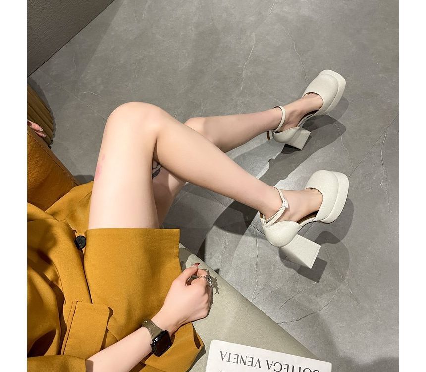 Ankle Square-Toe Strap Block-Heel Pumps