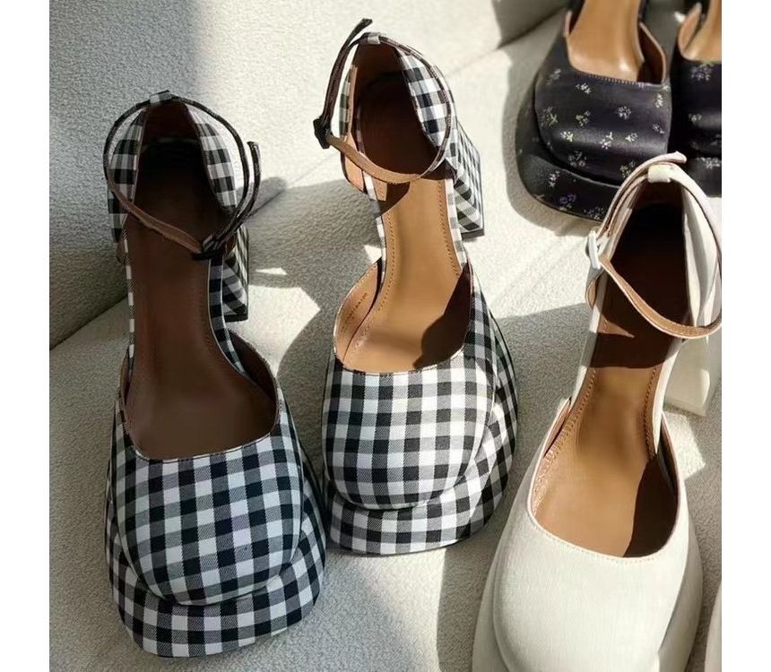 Ankle Square-Toe Strap Block-Heel Pumps