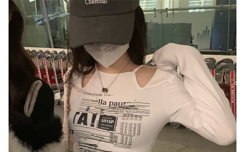 Long-Sleeve Top Slim-Fit Print Cold-Shoulder