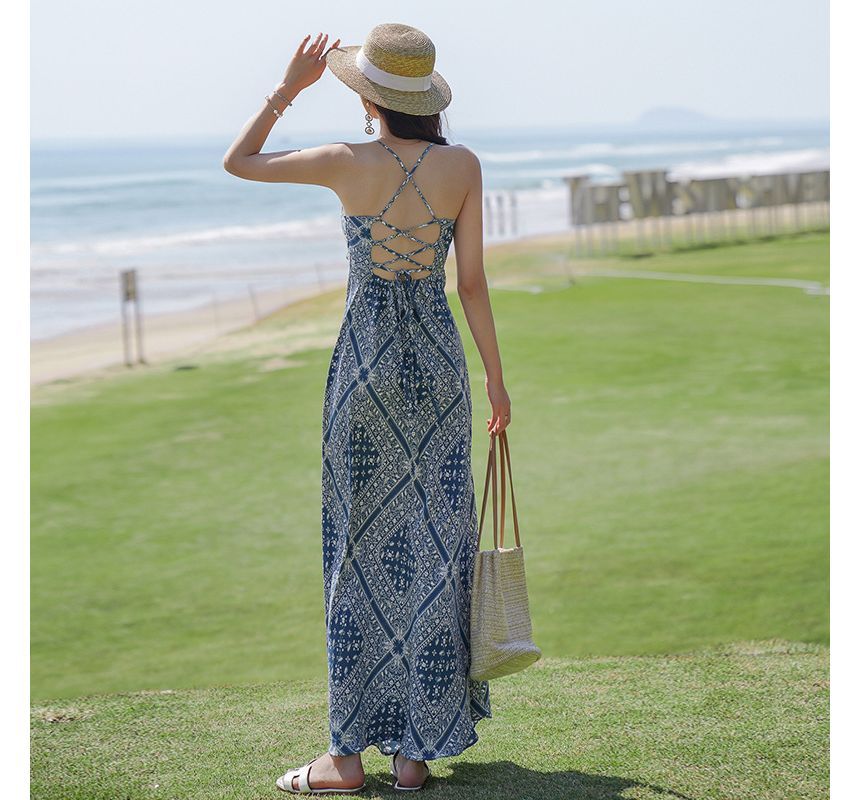 Dress Midi Print Paisley Strap A-Line Spaghetti