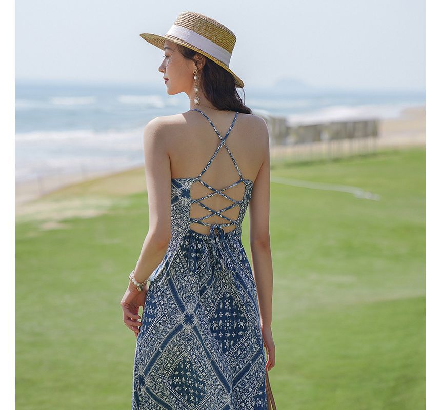 Dress Midi Print Paisley Strap A-Line Spaghetti