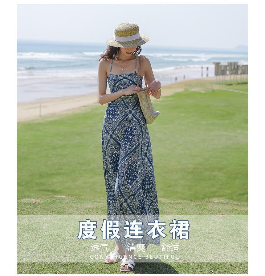 Dress Midi Print Paisley Strap A-Line Spaghetti