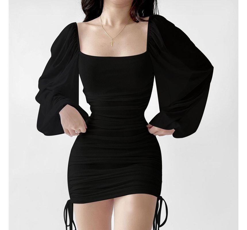 Neck Puff-Sleeve Sheath Dress Mini Plain Square Drawstring