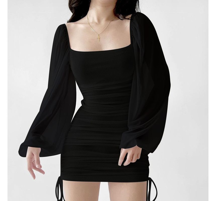 Neck Puff-Sleeve Sheath Dress Mini Plain Square Drawstring