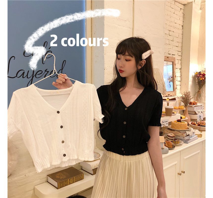 V-Neck Button-Up Knit Top Perforated Short-Sleeve