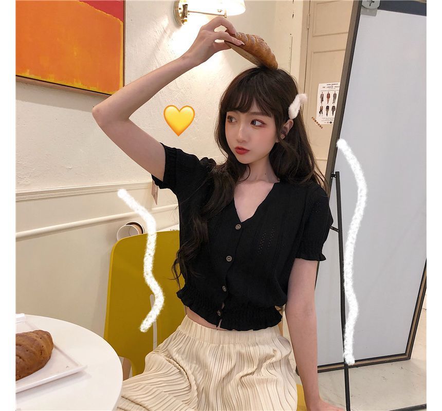 V-Neck Button-Up Knit Top Perforated Short-Sleeve