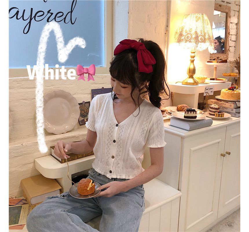 V-Neck Button-Up Knit Top Perforated Short-Sleeve