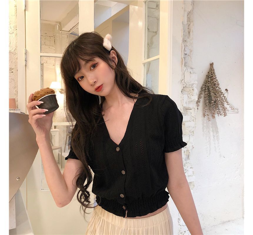 V-Neck Button-Up Knit Top Perforated Short-Sleeve