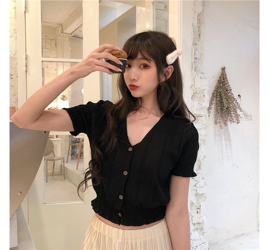 V-Neck Button-Up Knit Top Perforated Short-Sleeve