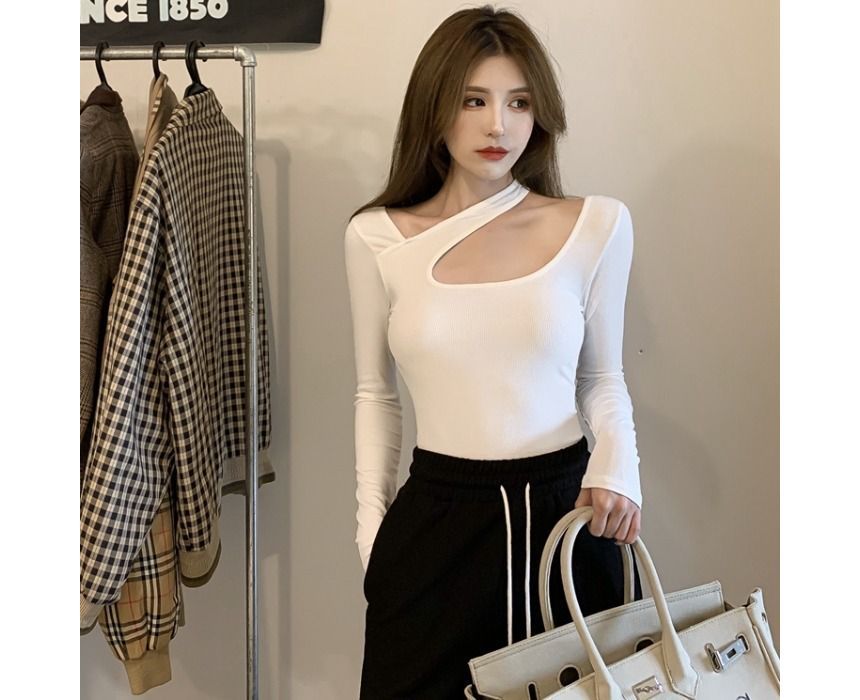 Cutout Plain Neck Long-Sleeve T-Shirt Asymmetrical