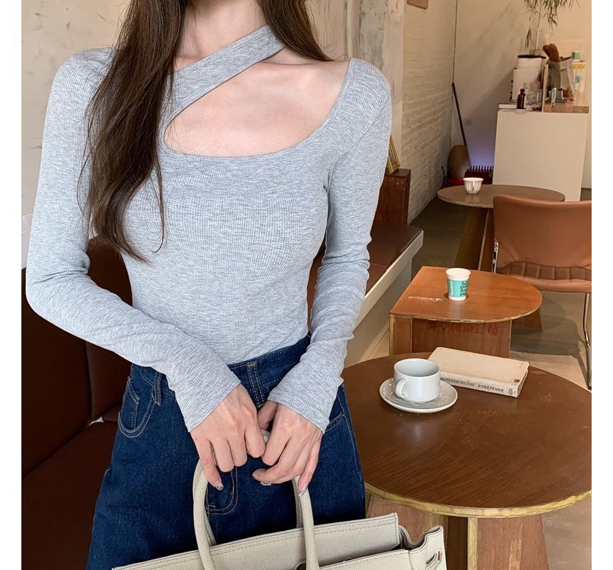 Cutout Plain Neck Long-Sleeve T-Shirt Asymmetrical