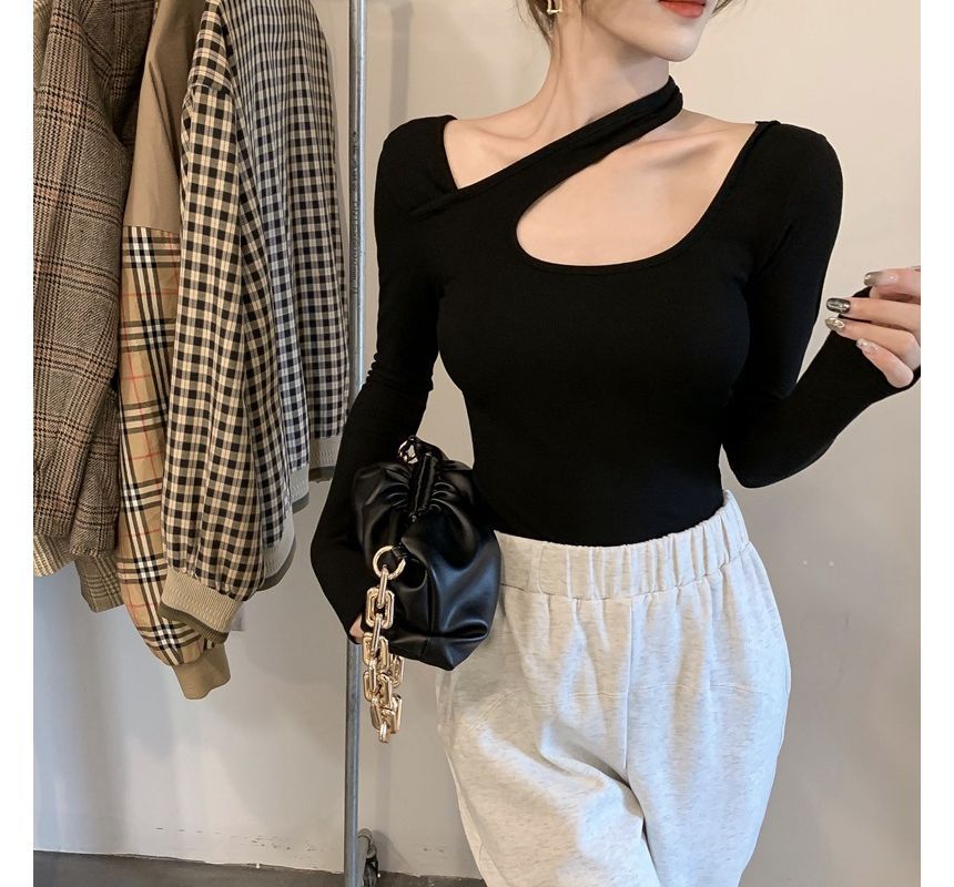 Cutout Plain Neck Long-Sleeve T-Shirt Asymmetrical