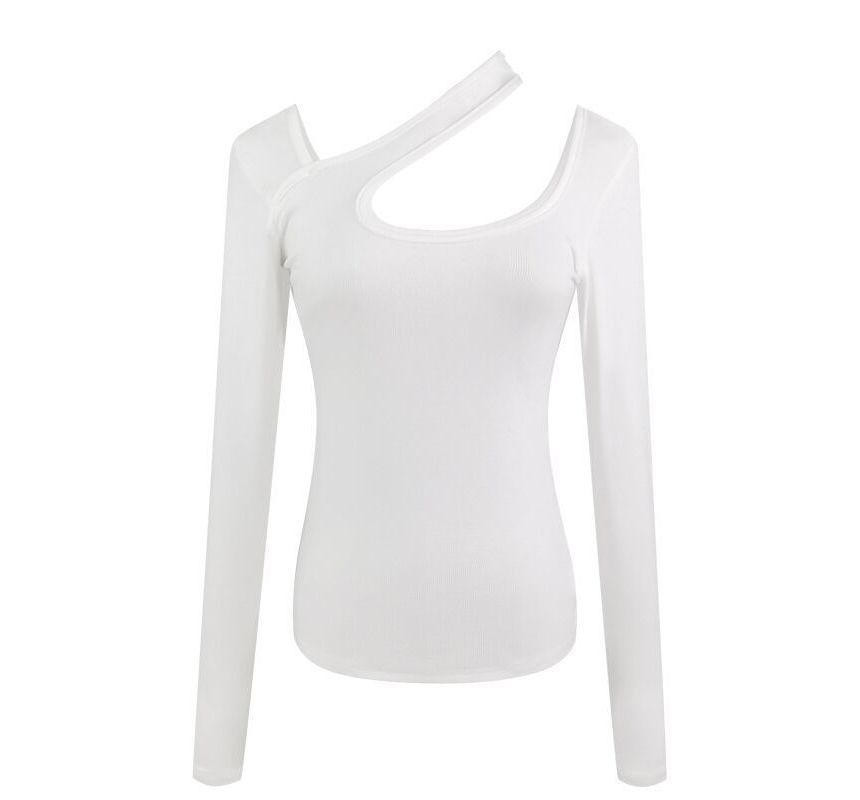 Cutout Plain Neck Long-Sleeve T-Shirt Asymmetrical