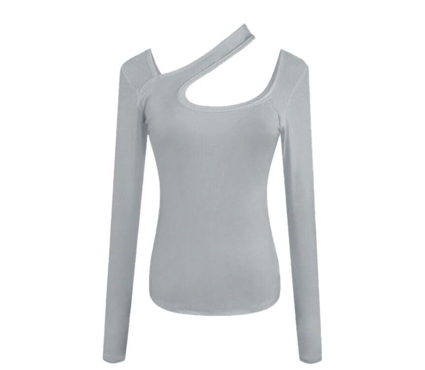 Cutout Plain Neck Long-Sleeve T-Shirt Asymmetrical