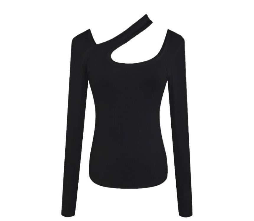 Cutout Plain Neck Long-Sleeve T-Shirt Asymmetrical