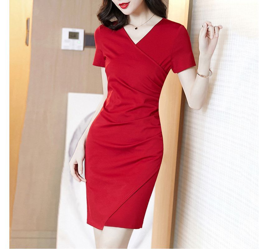 Bodycon Dress Short-Sleeve Plain V-Neck Wrap Mini