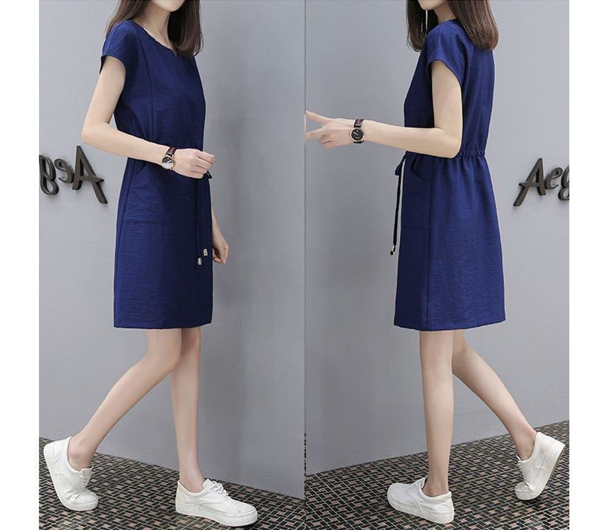 Mini Drawstring-Waist Dress A-Line V-Neck Short-Sleeve Plain