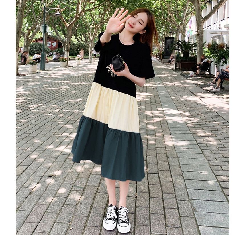 Block A-Line Crew Midi Dress Neck Color Short-Sleeve
