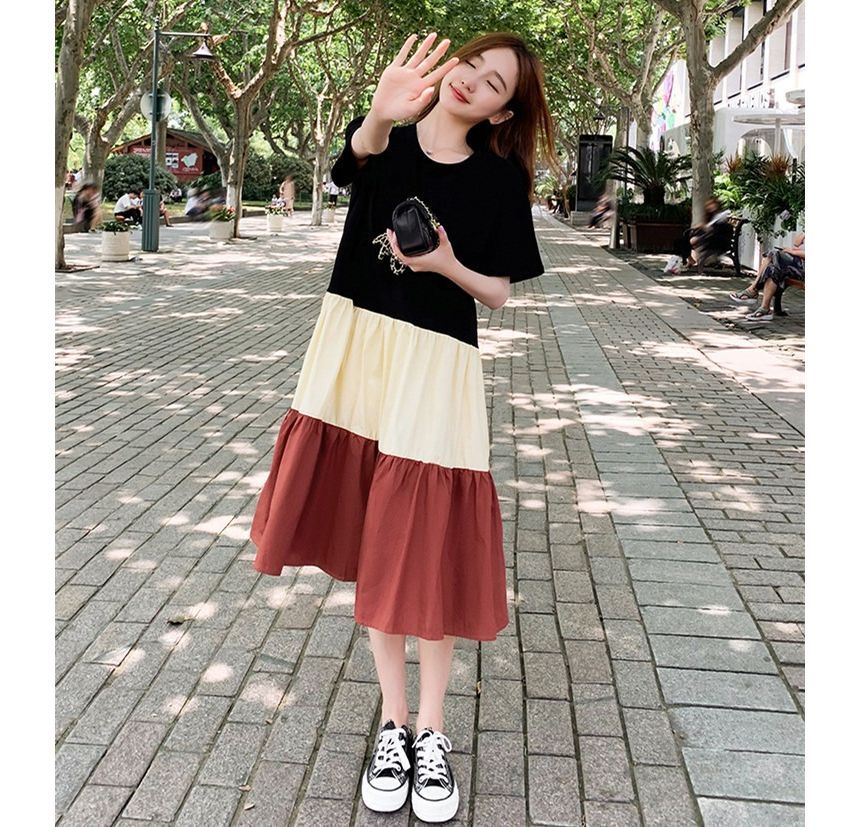 Block A-Line Crew Midi Dress Neck Color Short-Sleeve