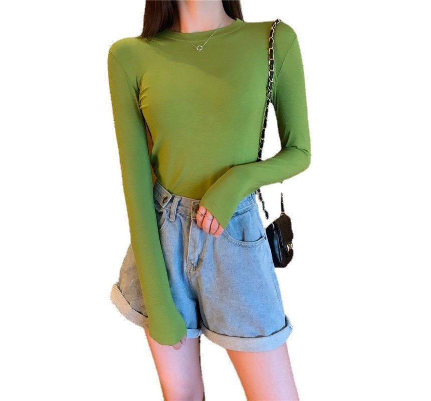 Neck Plain Long-Sleeve Tee Round