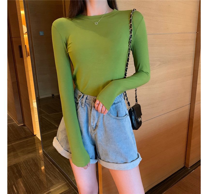 Neck Plain Long-Sleeve Tee Round