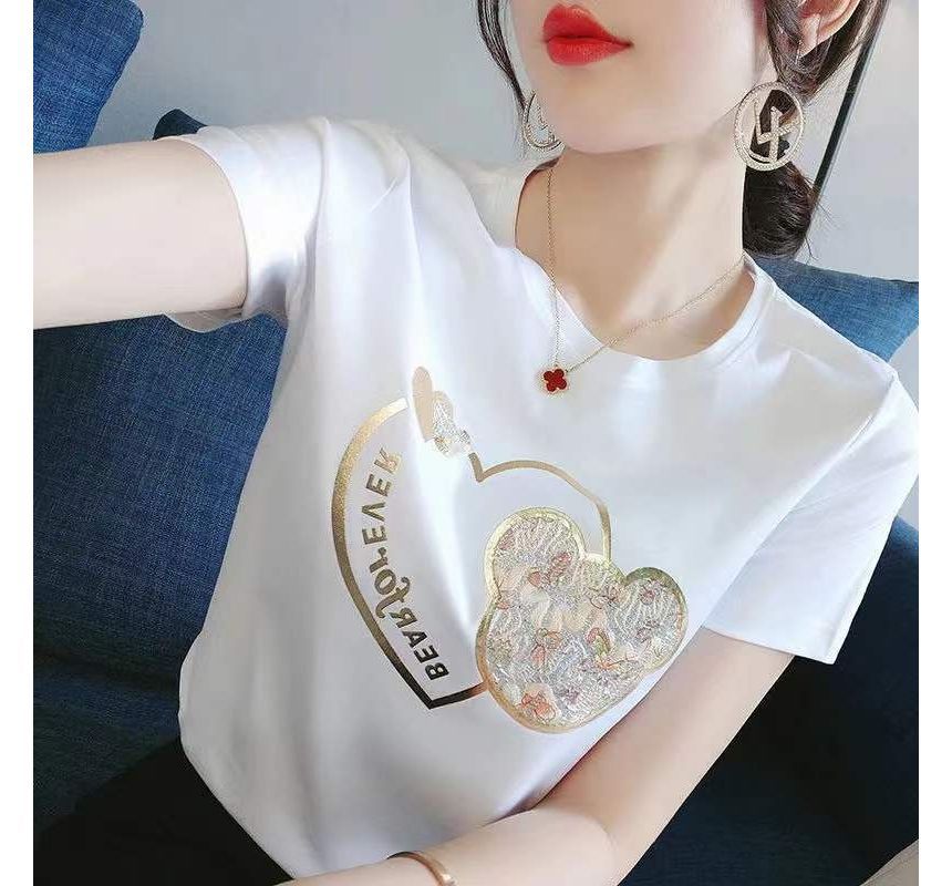 Bear Tee Neck Short-Sleeve Print Crew