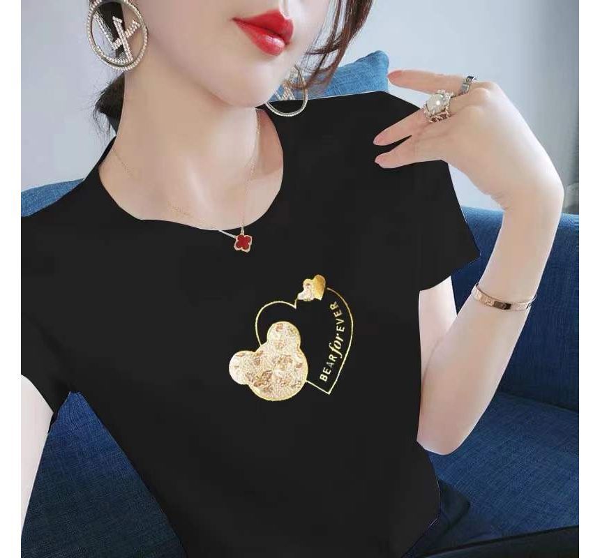 Bear Tee Neck Short-Sleeve Print Crew