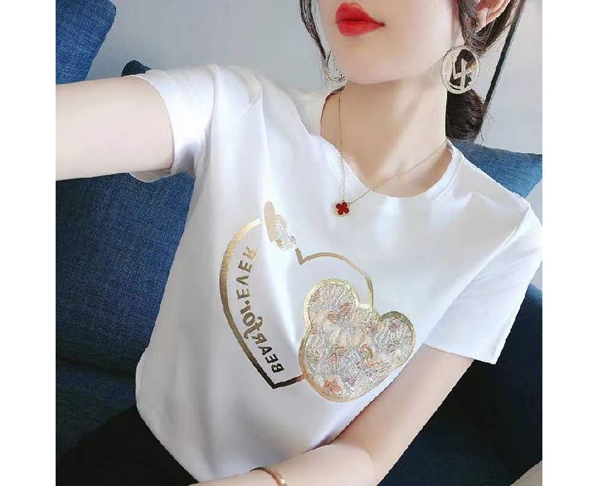 Bear Tee Neck Short-Sleeve Print Crew