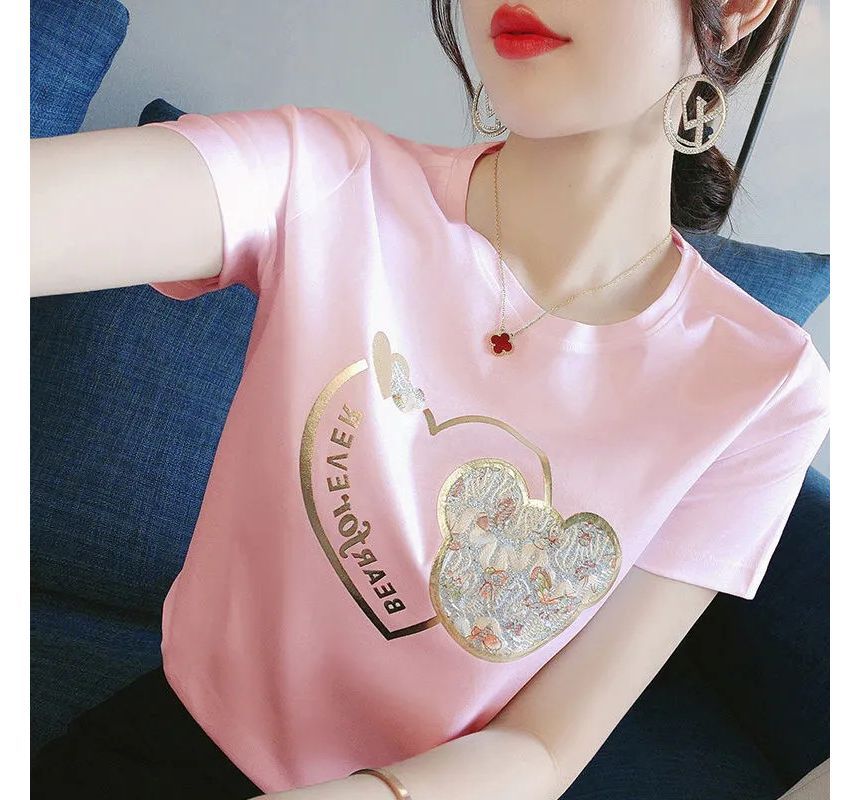 Bear Tee Neck Short-Sleeve Print Crew