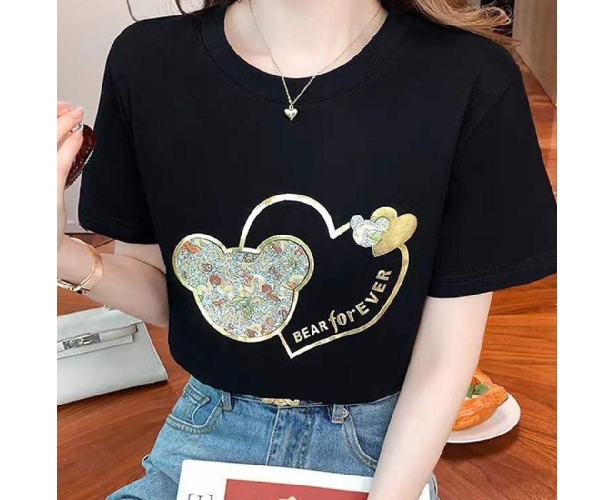 Bear Tee Neck Short-Sleeve Print Crew