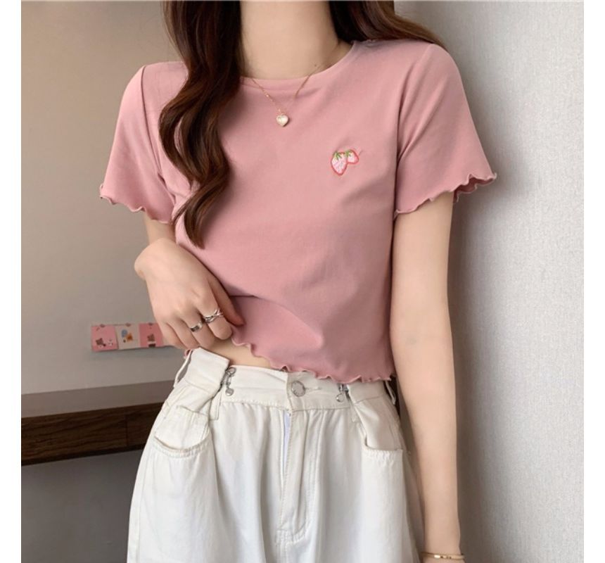 Embroidered T-Shirt Crew Crop Neck Short-Sleeve