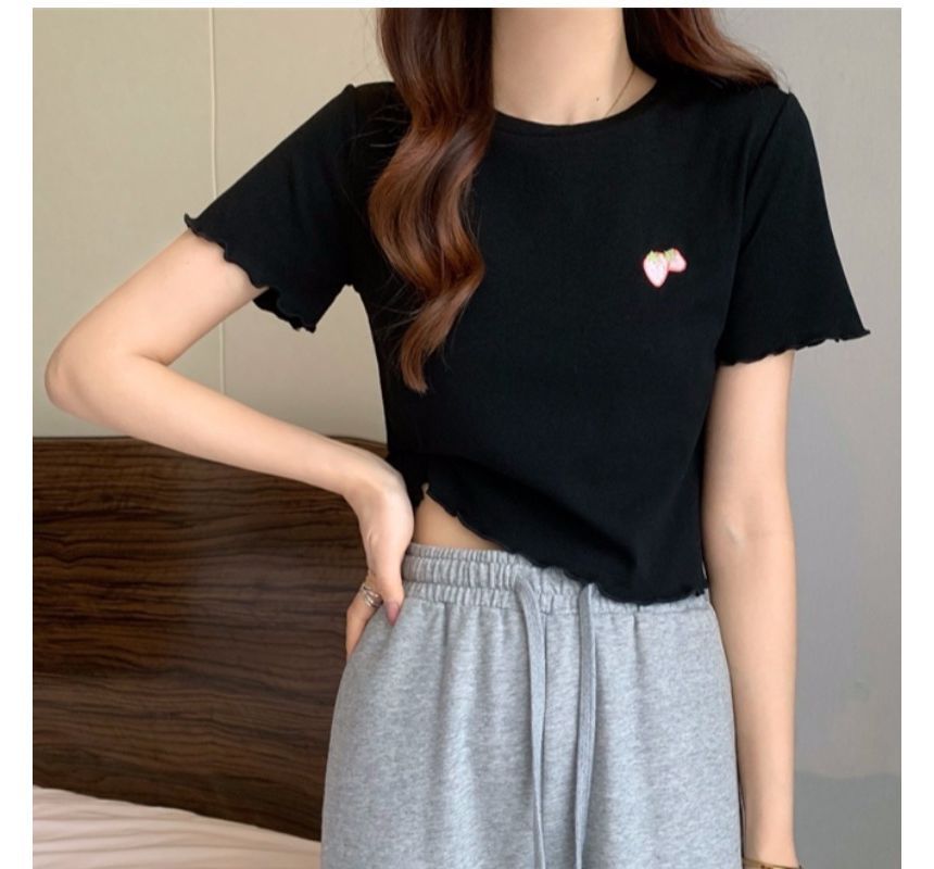 Embroidered T-Shirt Crew Crop Neck Short-Sleeve