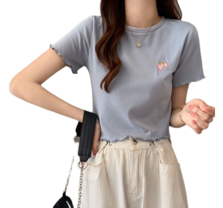 Embroidered T-Shirt Crew Crop Neck Short-Sleeve