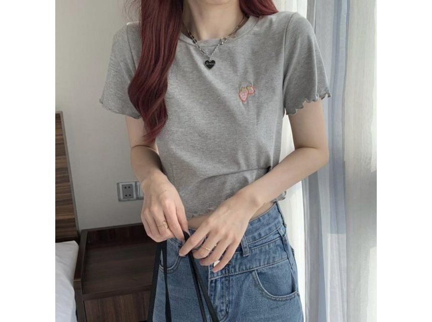 Embroidered T-Shirt Crew Crop Neck Short-Sleeve