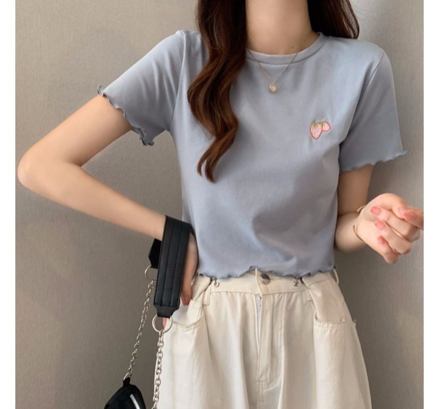 Embroidered T-Shirt Crew Crop Neck Short-Sleeve