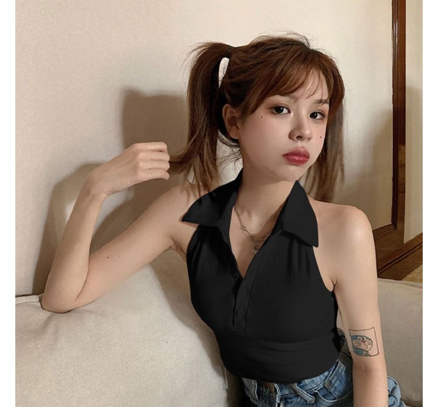 Crop Shirt Plain Sleeveless Polo