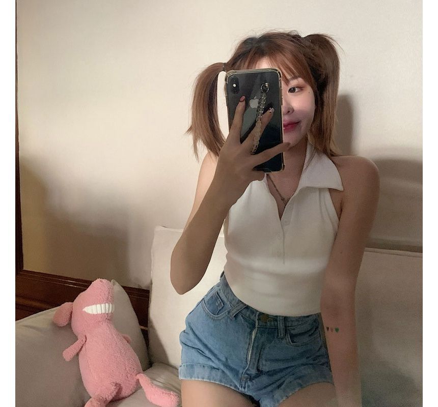 Crop Shirt Plain Sleeveless Polo