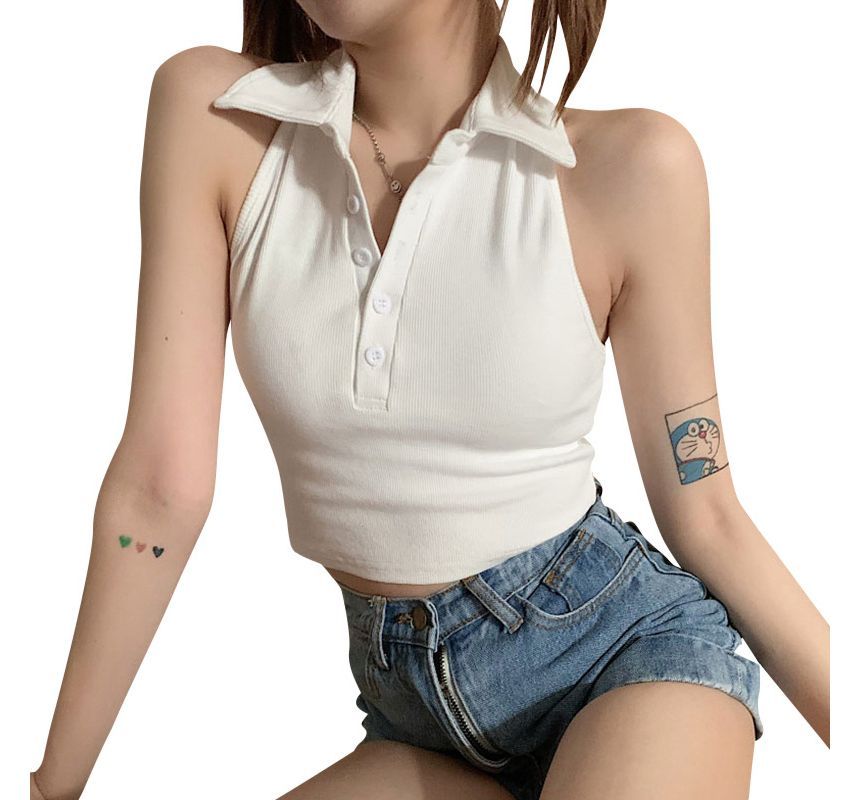 Crop Shirt Plain Sleeveless Polo