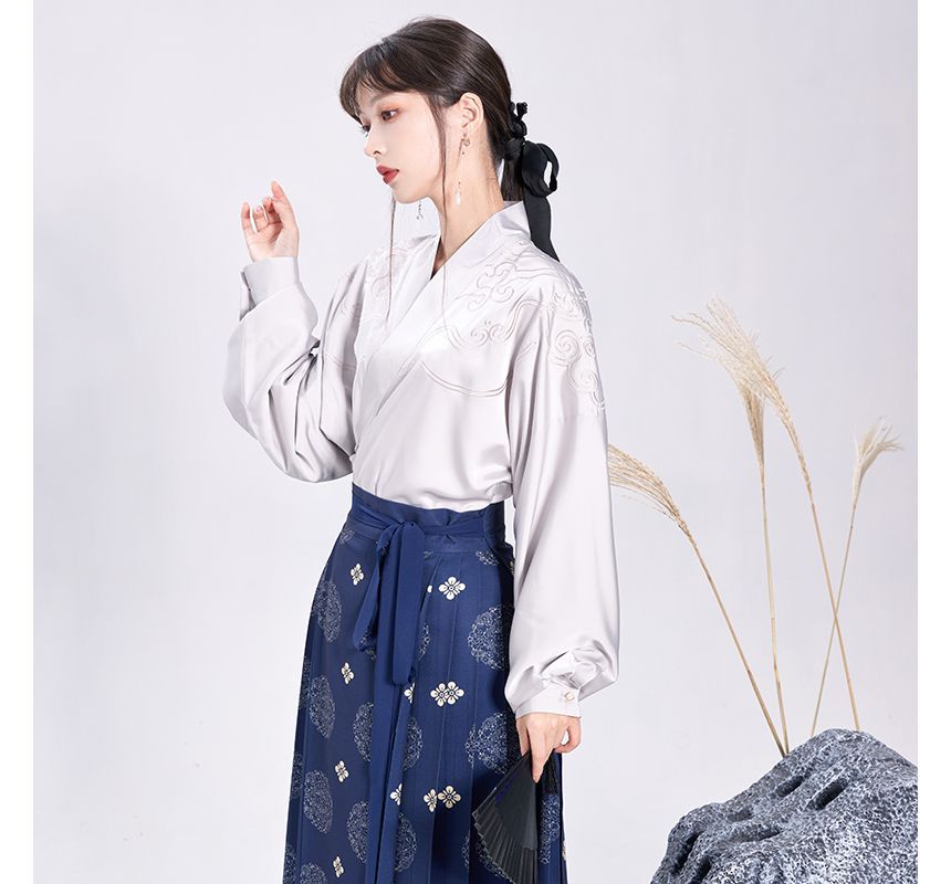 Embroidered Blouse / High Rise Print Pleated Maxi A-Line Wrap Skirt / Set