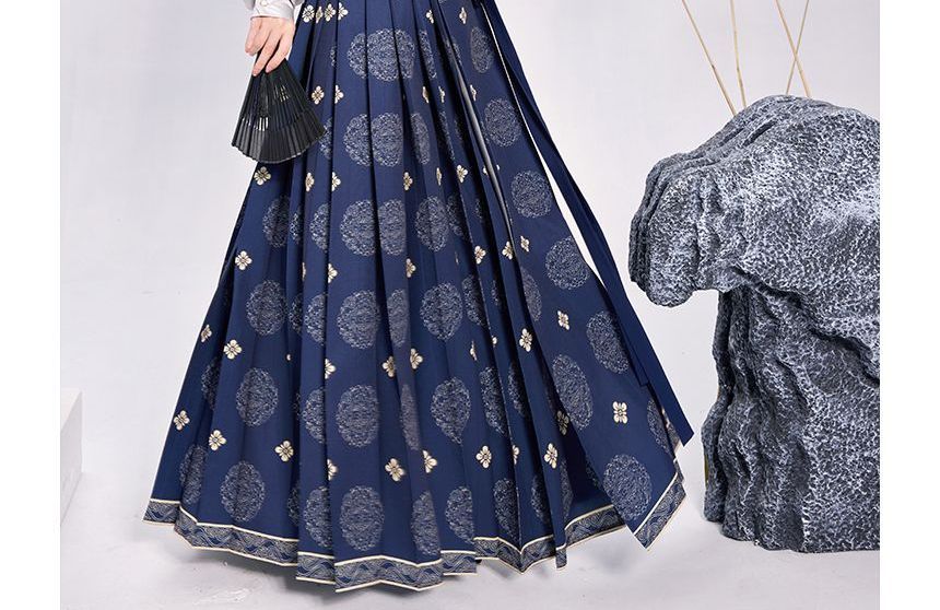 Embroidered Blouse / High Rise Print Pleated Maxi A-Line Wrap Skirt / Set