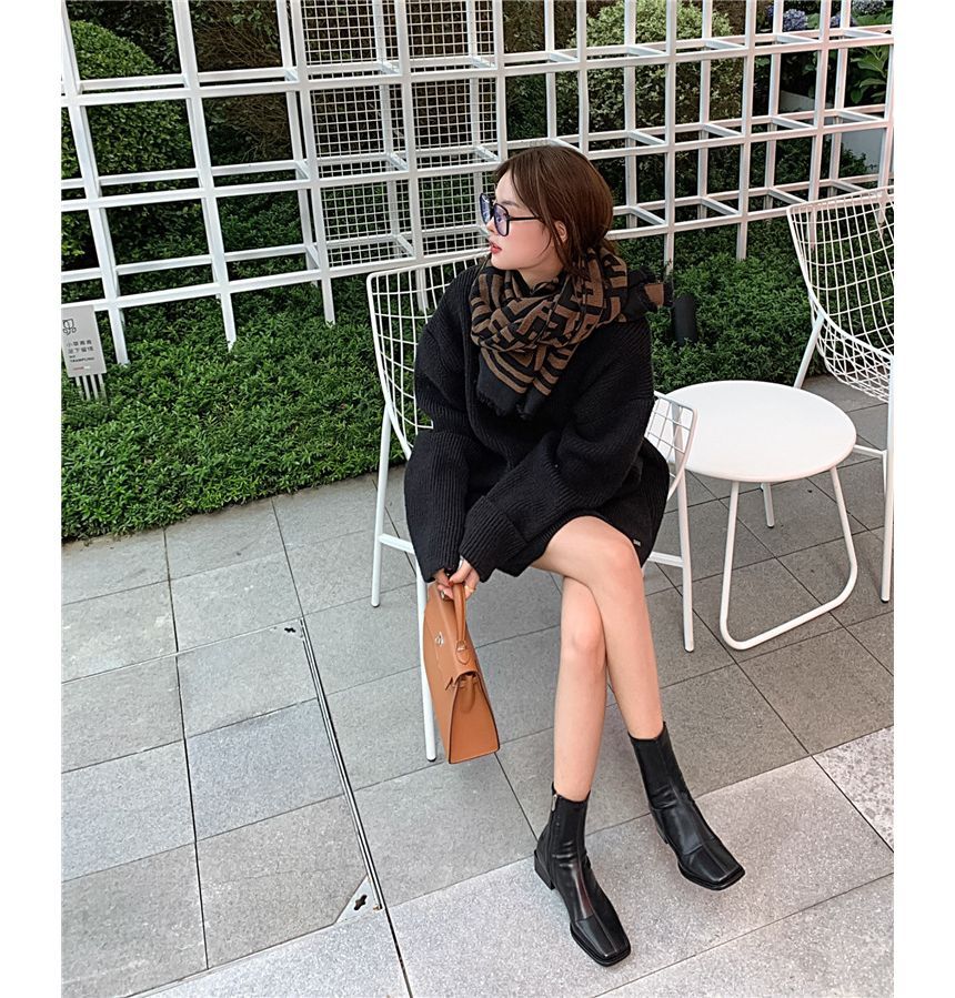 Toe Block Faux Square Leather Short Heel Boots