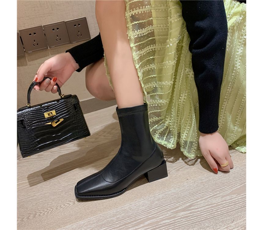Toe Block Faux Square Leather Short Heel Boots