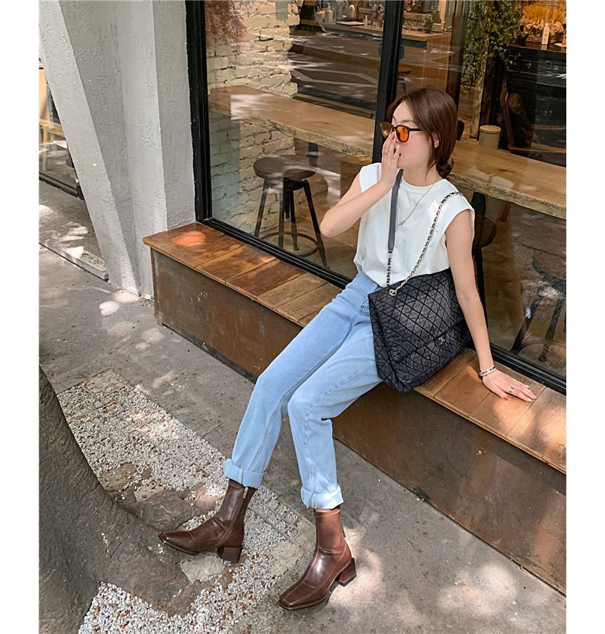 Toe Block Faux Square Leather Short Heel Boots