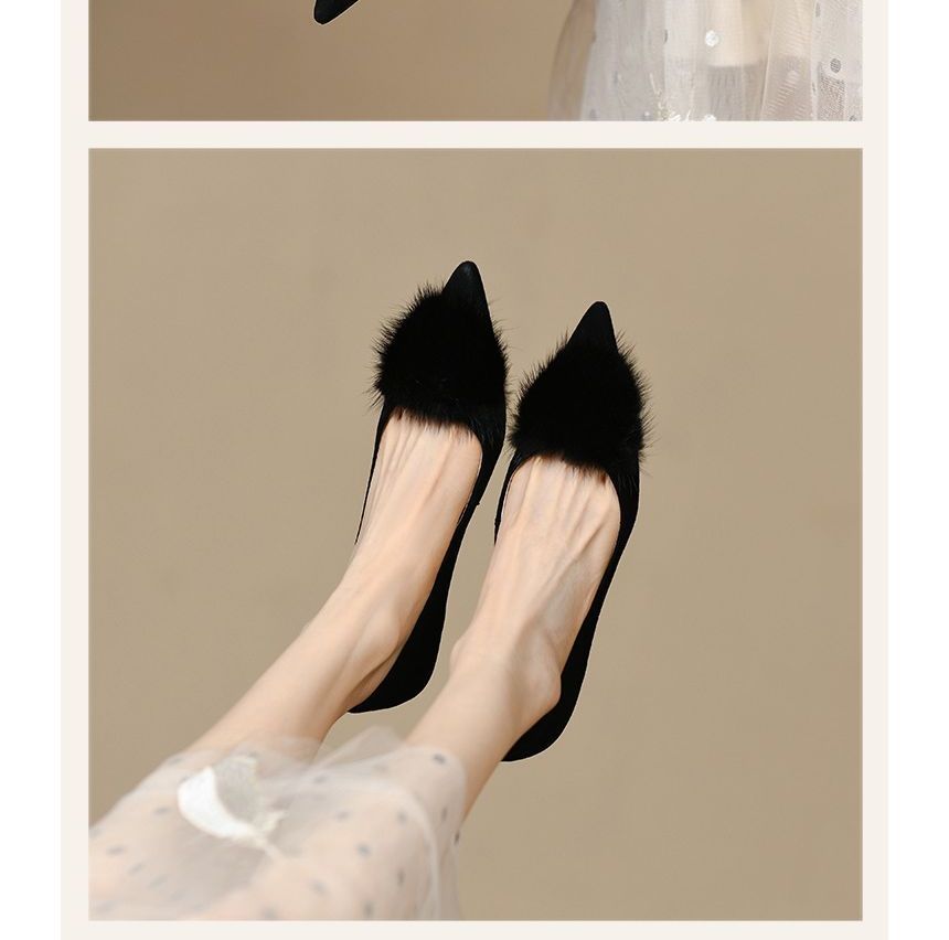 Kitten Suede Pumps Pom Faux Accent Heel Pointed