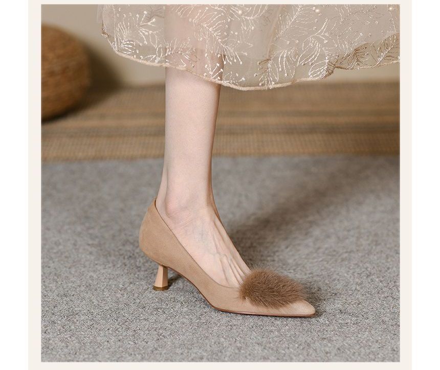 Kitten Suede Pumps Pom Faux Accent Heel Pointed