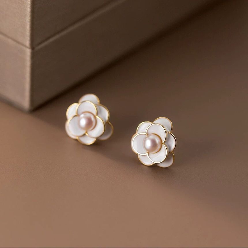 Pearl Earring Flower Alloy Faux