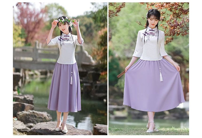 3/4-Sleeve Mock Neck Floral Embroidered Hanfu Top