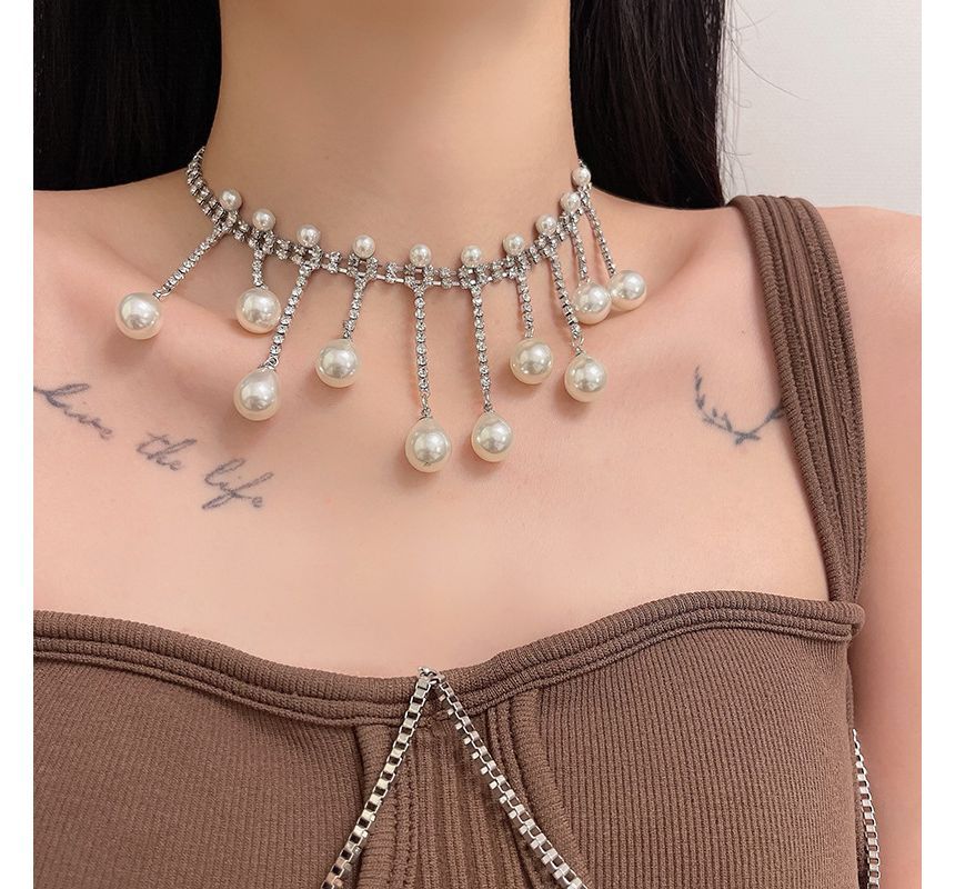 Fringed Faux Rhinestone Choker Pearl Alloy
