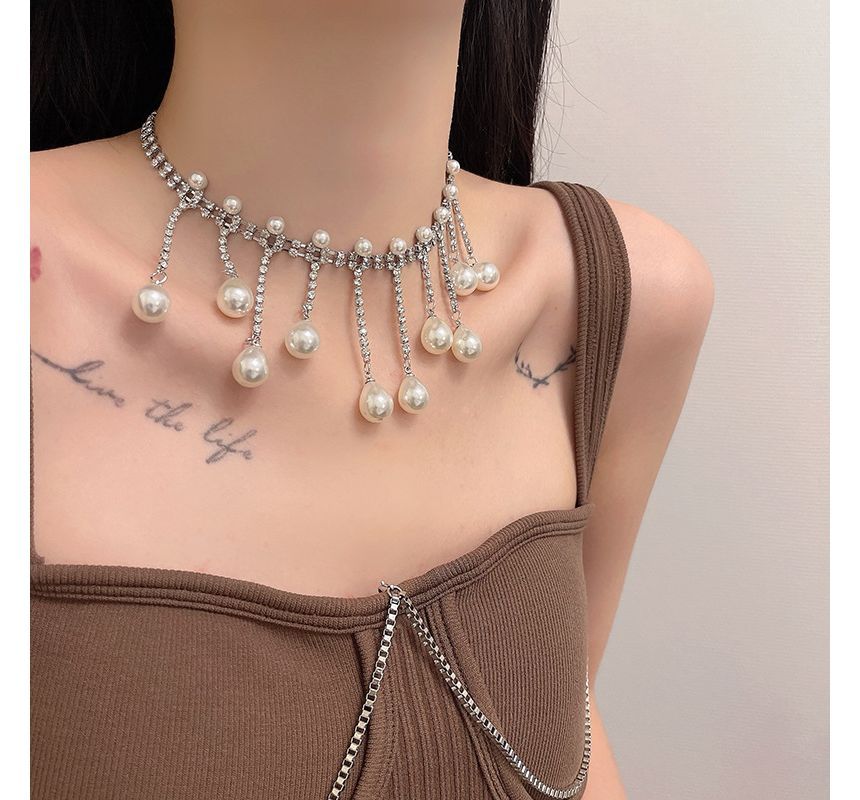 Fringed Faux Rhinestone Choker Pearl Alloy